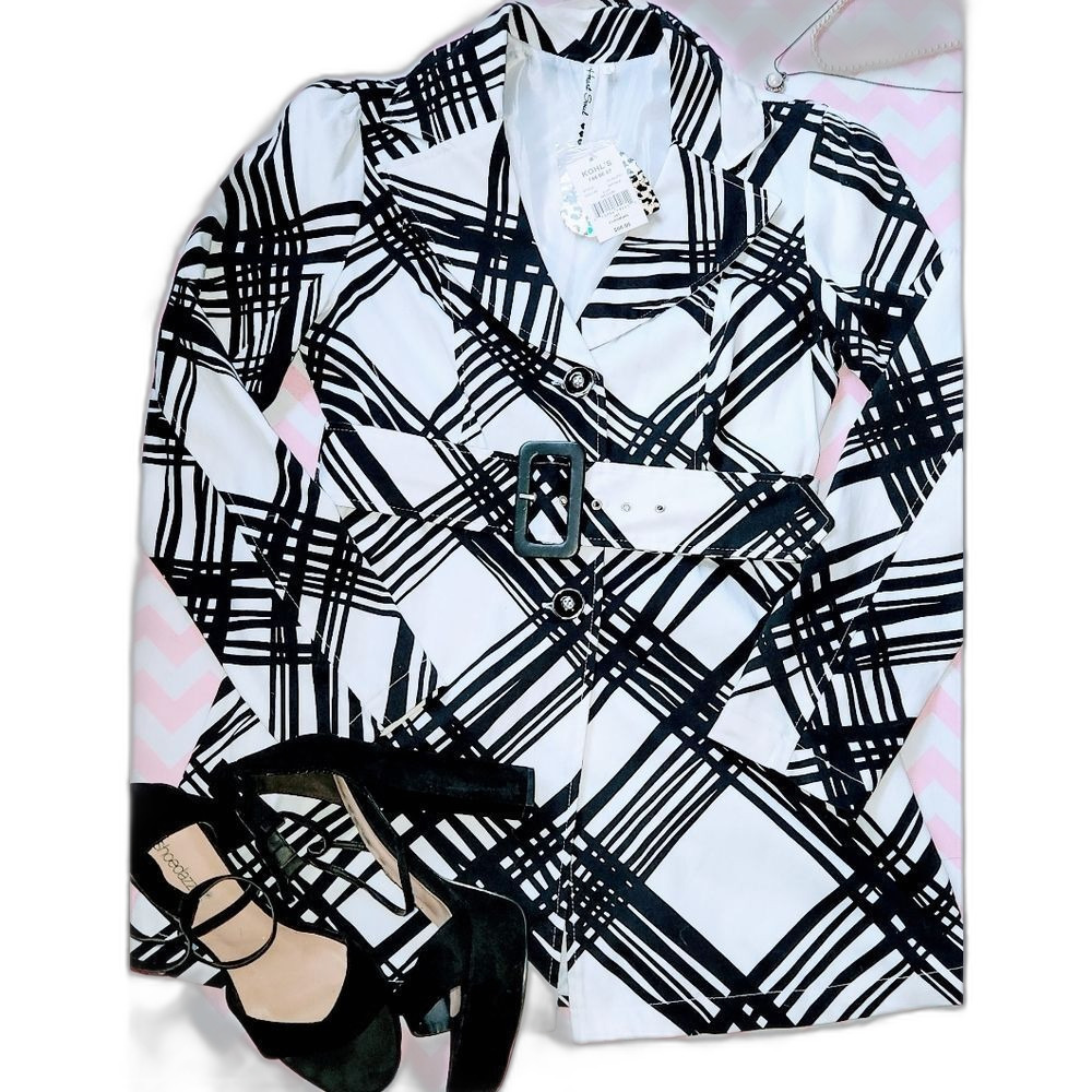 NWT Heart Soul Black&White Plaid Belted Jacket